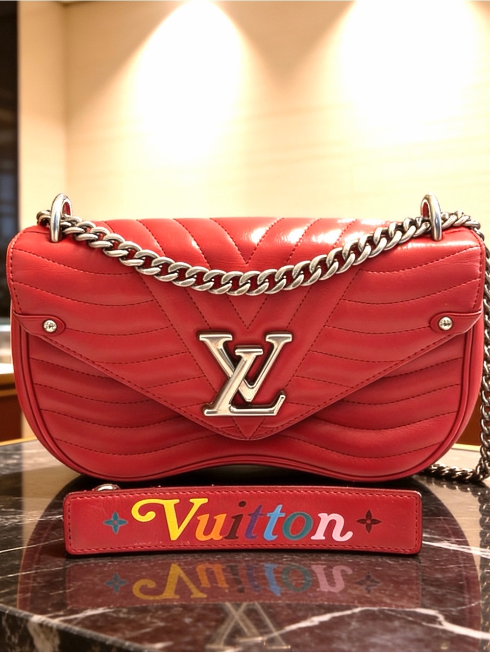 Louis Vuitton Red New Wave Calfskin Leather Crossbody Shoulder Bag MM Chain Link - Picture 1 of 16